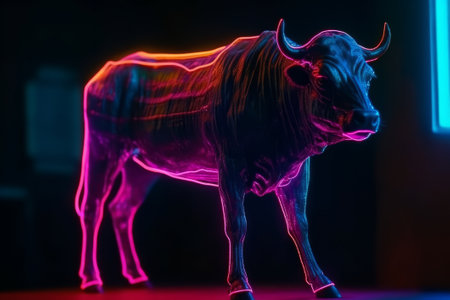 Close up of bull in neon light on black background. Animal portraitの素材