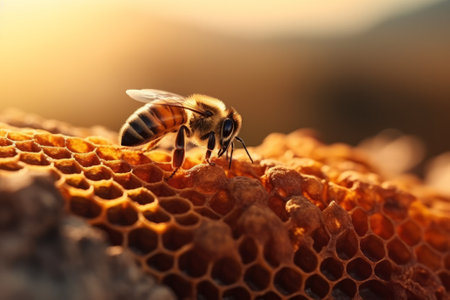 Close-up view of the working bee on a honeycomb with sweet honey.の素材