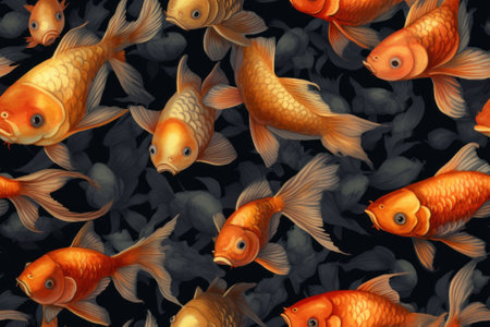 Seamless pattern with goldfish on a dark background. Watercolor illustration.aの素材