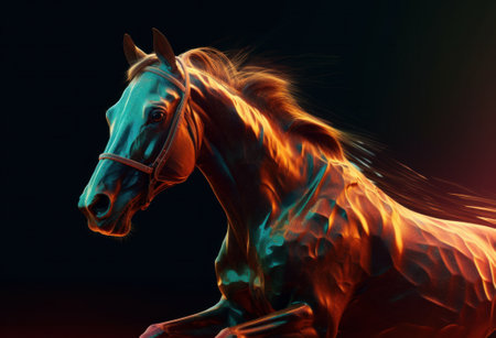 Horse portrait on black background with light effect. Art design.の素材