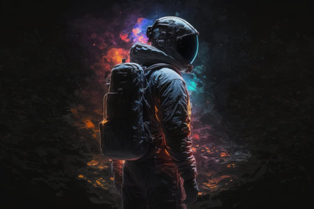 Astronaut in space suit and helmet on dark background. Mixed mediaの素材
