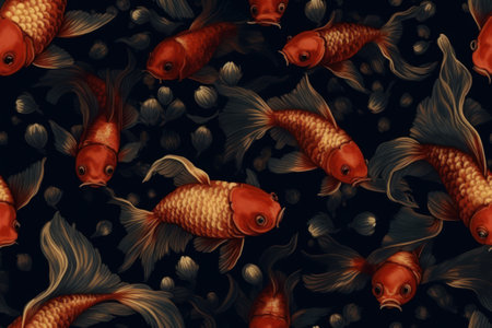 Seamless pattern with goldfish on a dark background. Digital Illustrationの素材