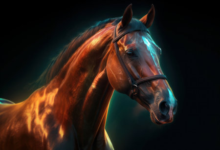 Portrait of a beautiful horse on a dark background. 3d renderingの素材