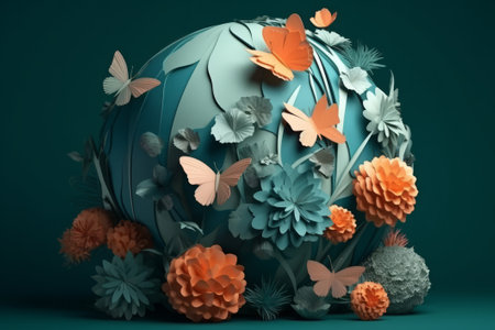 3d render of abstract geometric composition with paper cut flowers and butterfliesの素材