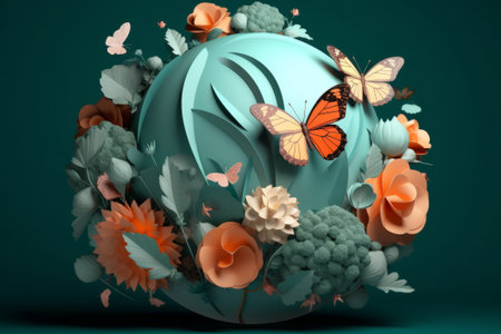 3d illustration of a globe with flowers and butterflies over green backgroundの素材