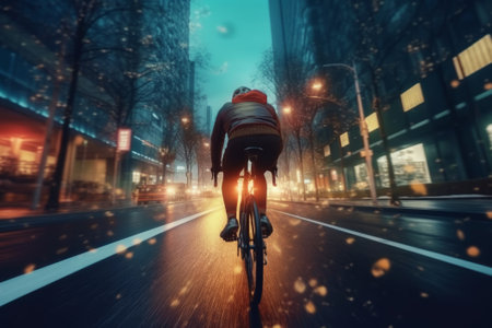 Cyclist riding on the road in the city at night.の素材