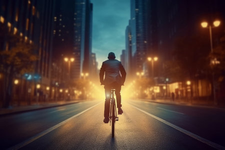 Cyclist riding a bicycle on the road in the city at nightの素材