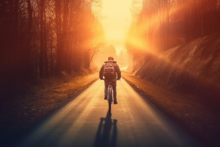 Man with backpack cycling on the road in the forest at sunset.の素材