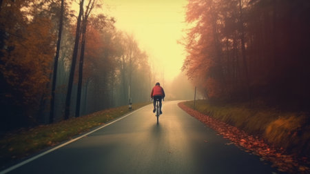 Cyclist riding on the road in the autumn forest with fogの素材