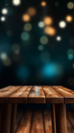Empty wooden table with bokeh background, product display montageの素材