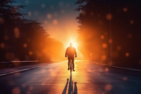 Rear view of a man cycling on asphalt road at sunset.の素材