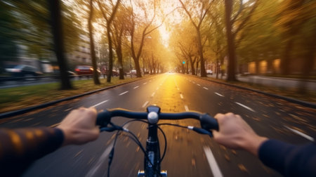 Cyclist rides on the road in the city at sunset.の素材