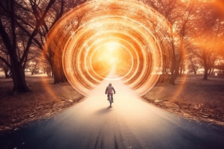 Cyclist on the road in the autumn forest. Blurred backgroundの素材