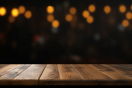 Empty wooden table and blurred background of bar or pub. For product displayの素材
