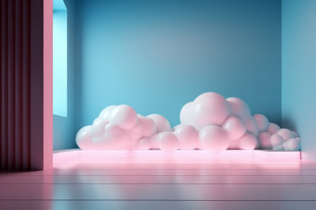 The minimalist abstract scene with white clouds and blue wall 3D renderingの素材