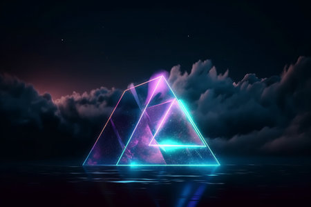 Glowing neon pyramid in the dark. Futuristic background. 3d renderingの素材