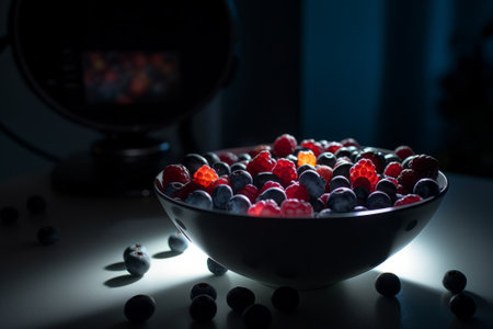 Raspberry and blueberry in a bowl on a dark background.の素材