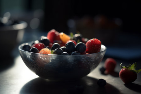 Fresh berries in a bowl on a wooden table. Selective focus.の素材