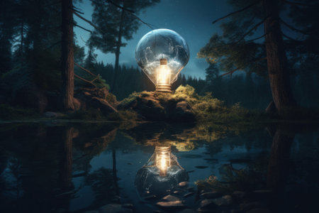 3d rendering of a lightbulb in the middle of the forestの素材