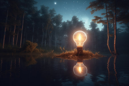 Conceptual image of a light bulb in the forest at nightの素材