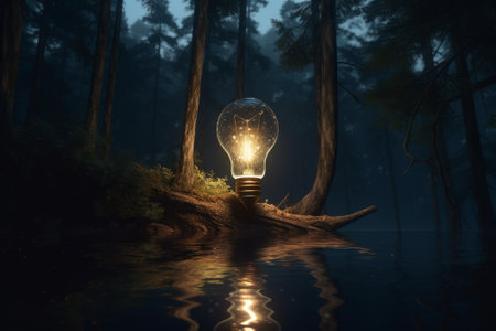 Glowing light bulb in the forest at night. 3D rendering.の素材