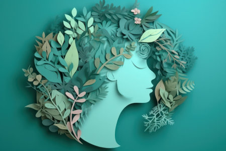 Woman head silhouette with green leaves and flowers. 3D illustration.の素材