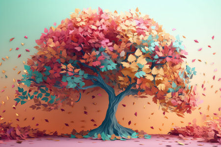 Autumn tree with falling autumn leaves. 3d render illustration.の素材