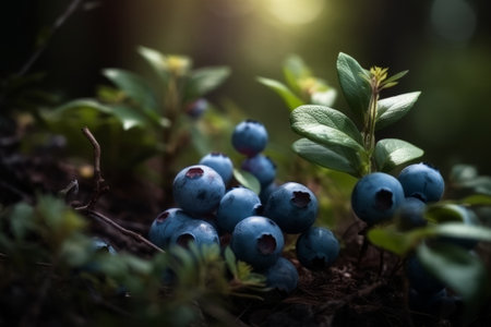 Blueberries on the forest floor. Shallow depth of field.の素材
