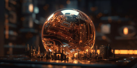 3D rendering of a crystal ball with a city in the backgroundの素材