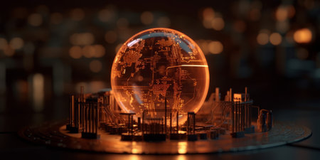 3d render of a crystal ball with a city in the backgroundの素材