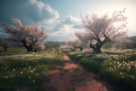 Beautiful spring landscape with blooming trees and a dirt road.の素材