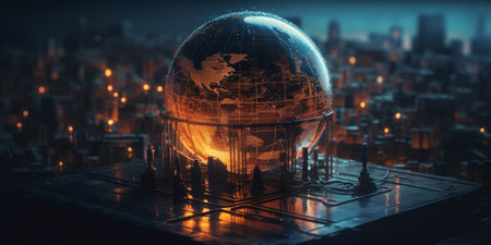 Futuristic city with glowing globe. 3d rendering toned imageの素材