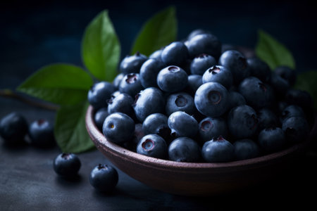 Fresh blueberries in a bowl on dark background, selective focus.の素材