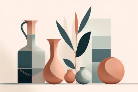 Illustration of a set of ceramic vases with olive branches.の素材