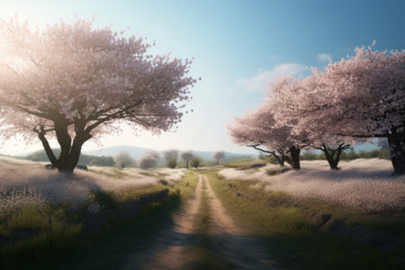 Cherry blossoms blooming in the springtime. 3d renderingの素材