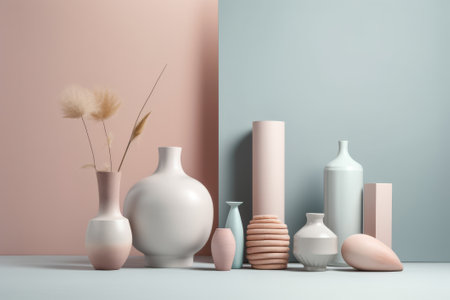 Ceramic vases on pastel background. 3d renderingの素材