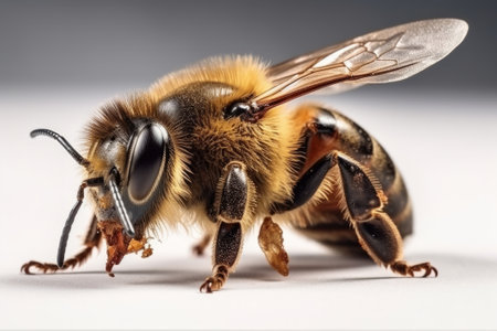 Close-up macro shot of a bee on white background. Shallow depth of field.の素材