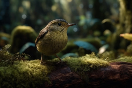 Cute little bird on a mossy rock in the forest.の素材