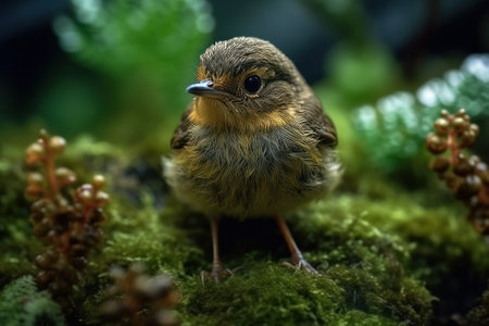 Little bird on moss background. Little bird on the moss background.の素材