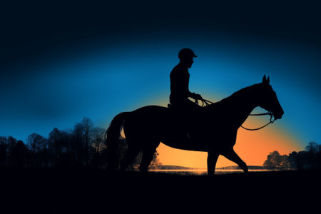 Silhouette of a rider on a horse against the background of the sunsetの素材