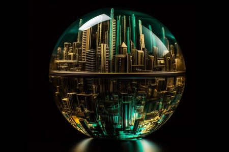 Glass globe with modern cityscape on black background. 3D renderingの素材