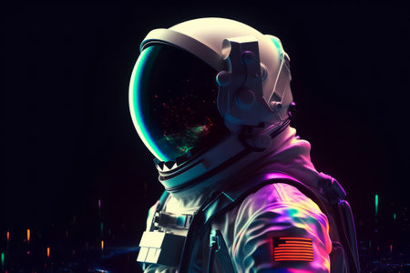 Astronaut in a space suit and helmet in outer space in the background of the night city. Science fiction. 3D rendering. Neon Lightの素材