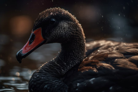 Close up of a black swan swimming in a lake with water dropsの素材