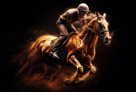 Young woman jockey riding a horse on a dark background with dustの素材