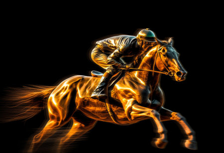 Horse rider with jockey on a black background. 3d renderingの素材