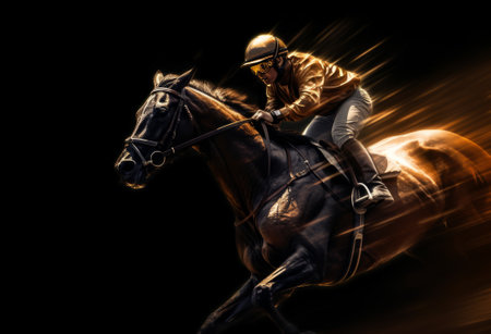 Equestrian sport, horse and jockey on a black backgroundの素材