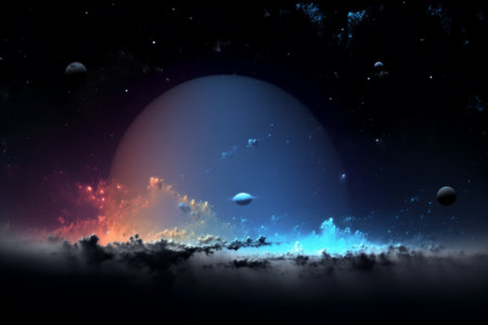 Fantasy space background with planets and stars. 3D illustration.の素材