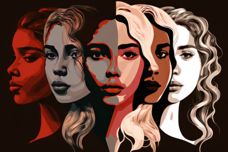 Double exposure portrait of three different women with different skin tones. Conceptual vector illustration.の素材