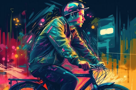 Cyclist riding a bike in the city at night. Digital painting.の素材