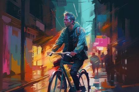 Cyclist riding bicycle in the city at night, digital paintingの素材
